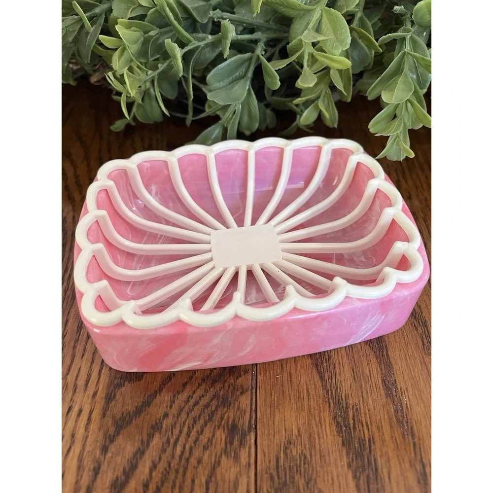 Vintage 60s Pink White Marbled Plastic Soap Dish Removable Drain Tray Retro New